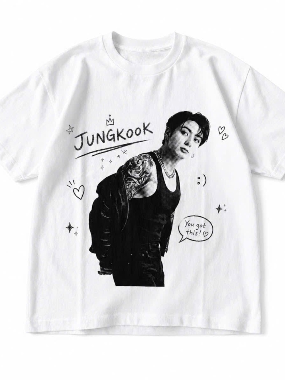 White Jungkook BTS Graphic T-Shirt with Black Illustration and Classic